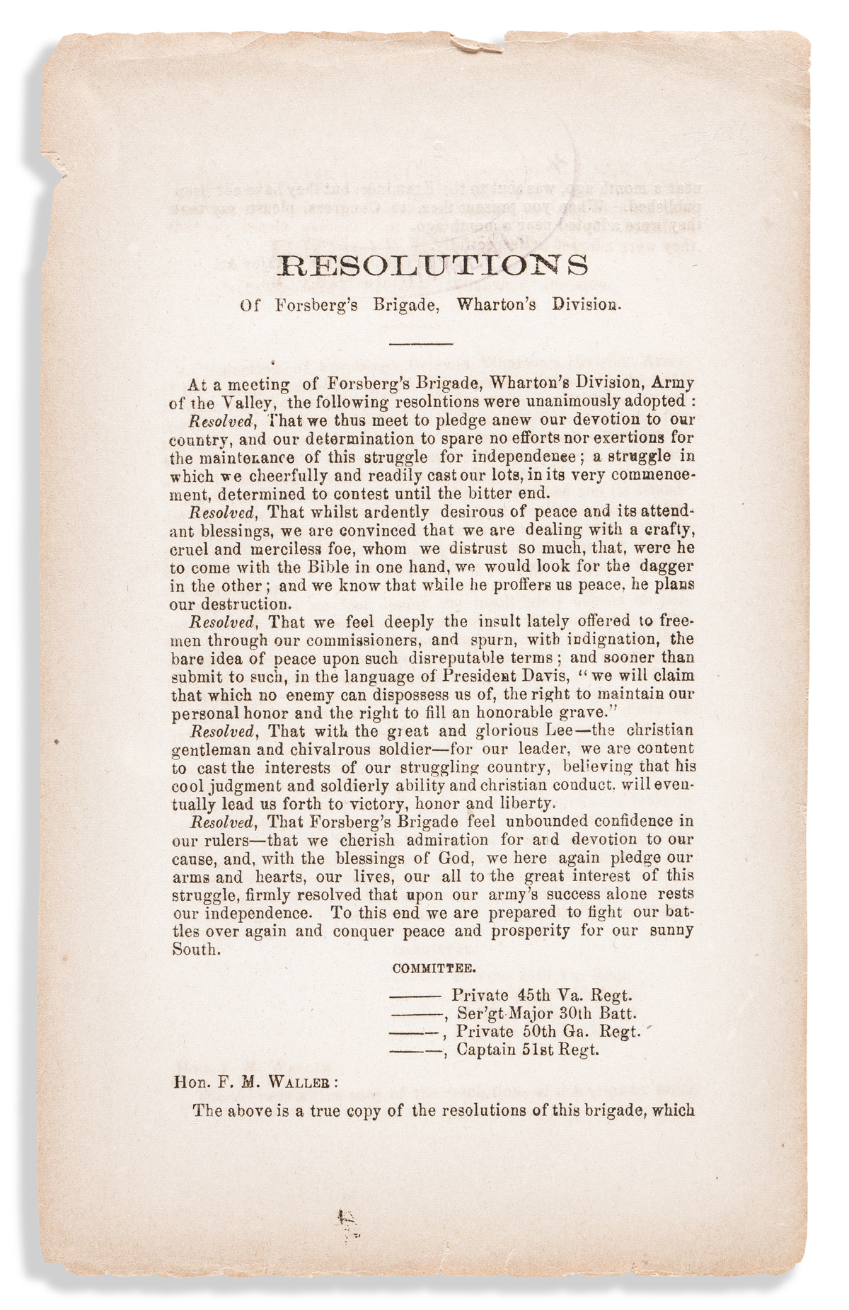 (CIVIL WAR--CONFEDERATE.) Resolutions of Forsbergs Brigade, Whartons Division.